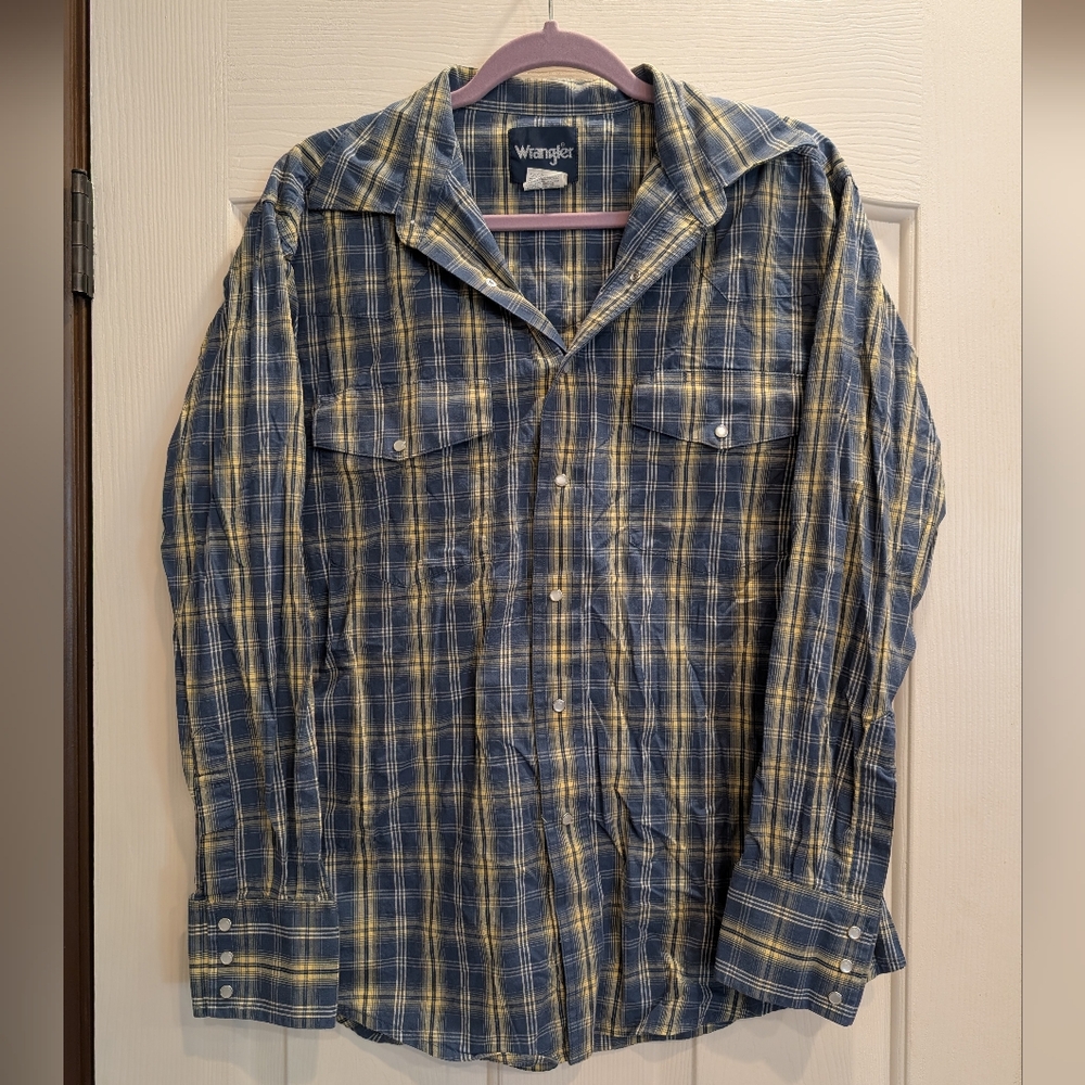 Men's Wrangler Blue & Yellow Plaid Long Sleeve Button Up Size Large